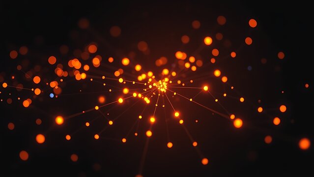 Glowing nodes form abstract data visualization on dark background, conveying futuristic technology concept.