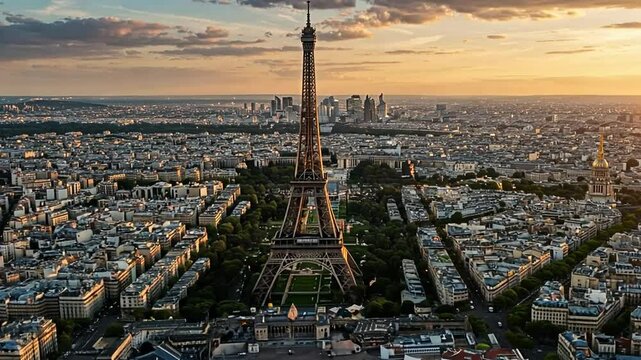 Breathtaking Aerial View of Paris: Eiffel Tower at Sunset.