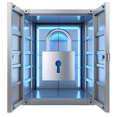 Digital rendering of an open safety deposit box or vault with a locked door