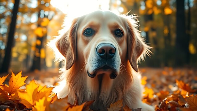 Golden Retriever portrait in autumn leaves with soft sunlight