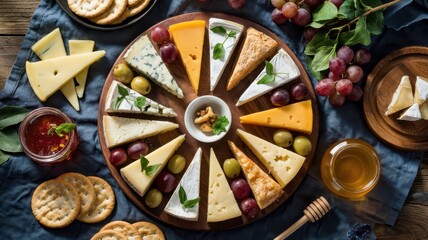 Artisanal cheese board arrangement with variety of cheese wedges, grapes, olives and crackers on circular wooden platter for gourmet entertaining