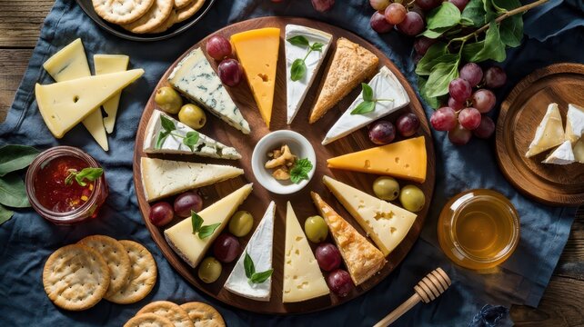 Artisanal cheese board arrangement with variety of cheese wedges, grapes, olives and crackers on circular wooden platter for gourmet entertaining