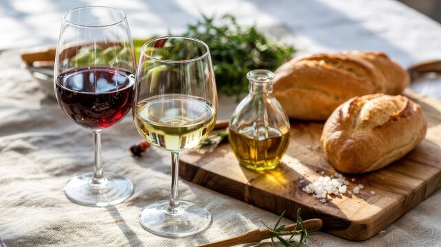 Wine glass duo featuring red and white wine varieties with artisanal bread and olive oil on rustic wooden cutting board in natural sunlight