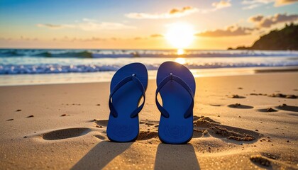 Fototapeta premium Blue flip-flops on wet sand, behind them rising sun over the ocean, warm light reflecting in water.