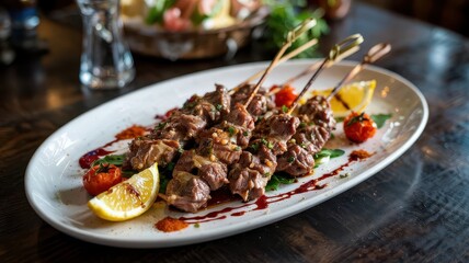 Cumin lamb skewers with golden metal skewers on white oval plate garnished with lemon wedges and roasted cherry tomatoes in restaurant setting