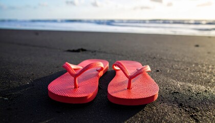 Fototapeta premium Bright red beach flip-flops on wet black sand, highlighted by morning sunlight. Background — calm ocean.
