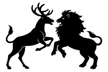Silhouette Vector Art Illustration of a Stag  and a Lion Facing Each Other in a Confrontational  Pose.