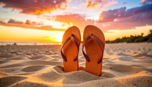 Pair of orange flip-flops on golden sand, background — vivid sunset with red and pink clouds. Sharp, high contrast photo.