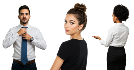 Collage of diverse people on transparent background. Hispanic businessman adjusting tie, young woman looking over shoulder, and African American professional presenting.