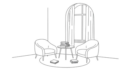 Cozy interior line art vector illustration of a reading nook with armchairs and coffee table