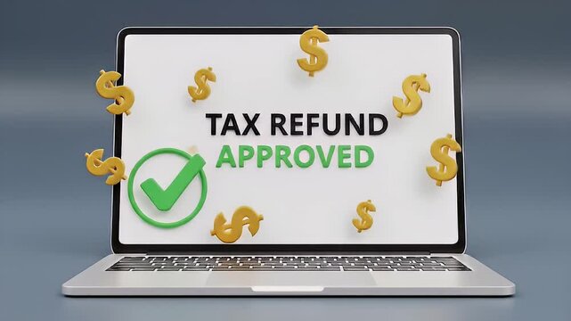 A laptop displays a green checkmark and &ldquo;Tax Refund Approved&rdquo; with floating gold icons. 4K Footage