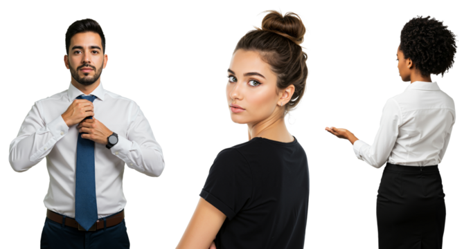 Collage of diverse people on transparent background. Hispanic businessman adjusting tie, young woman looking over shoulder, and African American professional presenting.