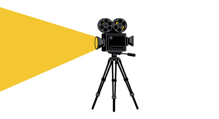 Retro film camera on tripod with bright yellow light beam