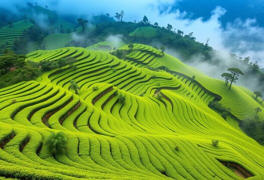 Rolling green tea plantation clinging to a misty mountainside, tea plantation,  leaves