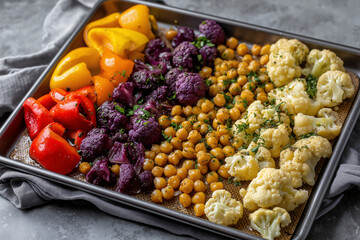 Colorful roasted vegetables and chickpeas on sheet pan fresh from oven
