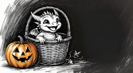Halloween illustration with a baby dragon in a basket and a carved jack-o-lantern pumpkin, space for text