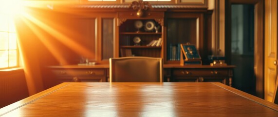 Sunlit wooden desk in a vintage room, exuding warmth and a sense of timeless classic interior design.
