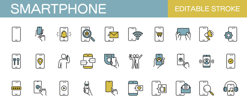 Smartphone line icon set – Includes  mobile phone, device, , message, payment and shopping. Editable stroke. Colored vector illustration.