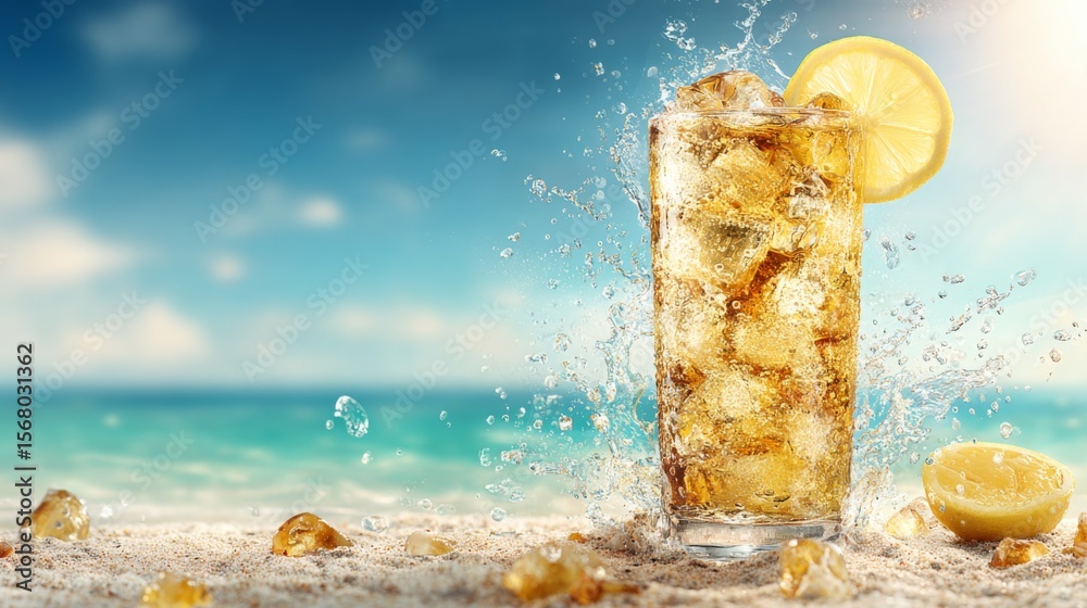 Aufkleber a refreshing glass of fizzy soda filled with ice cubes, topped with a slice of lemon, and bubbles ri