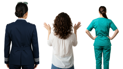 Back view of three women representing different career paths. A female pilot, a woman in casual clothes, and a medical professional in scrubs.