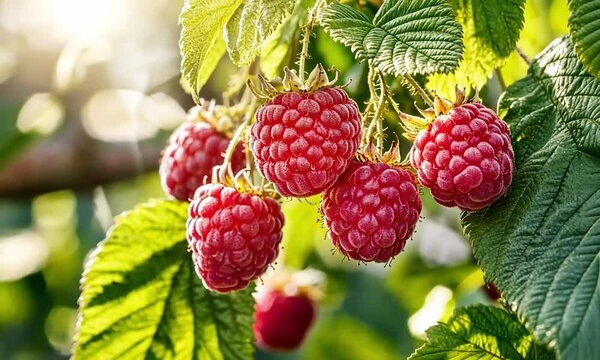 Close-up of fresh raspberries on a sunny branch