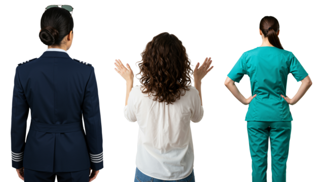 Back view of three women representing different career paths. A female pilot, a woman in casual clothes, and a medical professional in scrubs.
