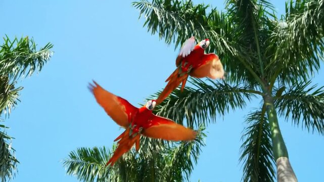 Two scarlet macaws flying against a clear blue sky with palm trees in the background outdoors