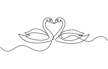 Swan line design. Swan decorative elements drawn with one continuous line. Vector illustration, Birds in love. Minimal black linear sketch isolated on white