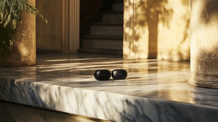 Serene Sunset: Google Pixel Buds Pro Resting on Marble, Architectural Setting