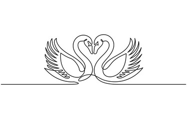 Swan line design. Swan decorative elements drawn with one continuous line. Vector illustration, Birds in love. Minimal black linear sketch isolated on white