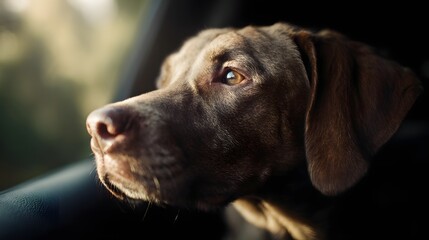 A dog riding in a car with its head out the window