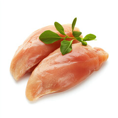 Raw chicken fillet with fresh green herb on white background