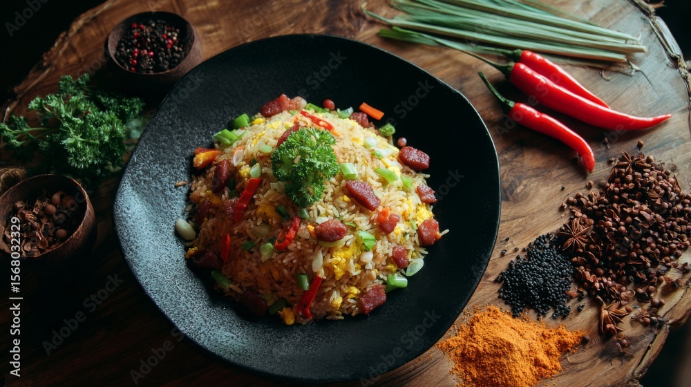 Poster A rustic table filled with a generous serving of fried rice surrounded by colorful garnishes, showcasing the dish as a centerpiece for a hearty meal.