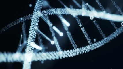 A dna strand with binary code and connected dots against a dark background in a futuristic design - Powered by Adobe