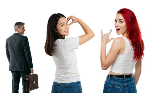 Businessman looking back at two attractive young women. Asian and redhead friends posing playfully. Distraction and choice concept on a transparent background.