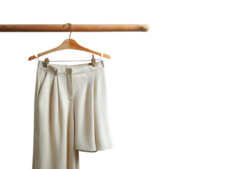 Cream-Colored Folded Trousers on Wooden Hanger Against Green Background on white background