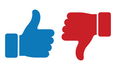 Blue Thumbs Up and Red Thumbs Down Hand Gesture on White Background