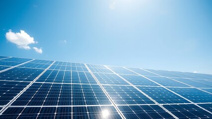 Solar panel array under a clear blue sky, representing clean energy in a modern industrial environment.