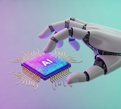 A robotic hand delicately holding a glowing AI microchip against a gradient background.