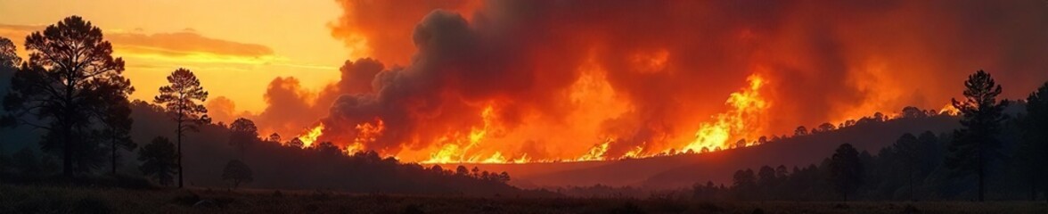 Naklejka premium Devastating Wildfire Rages Through Dry Forest, Creating a Massive Plume of Smoke; A Powerful Display of Natures Fury