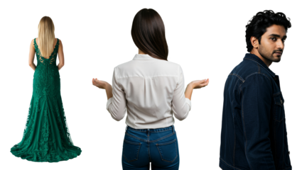 Distracted boyfriend looking at another woman; Jealous girlfriend confronts her unfaithful partner in a love triangle concept.