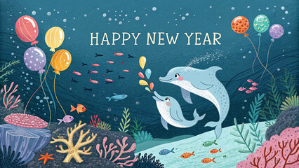 Two playful dolphins swim together underwater surrounded by balloons, fish, and coral, with the...