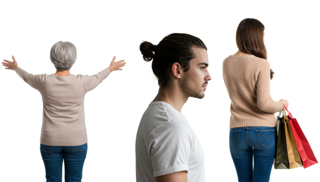 Set of people from behind and in profile. Older woman with open arms, young man, and woman with shopping bags isolated on transparent background. - Powered by Adobe