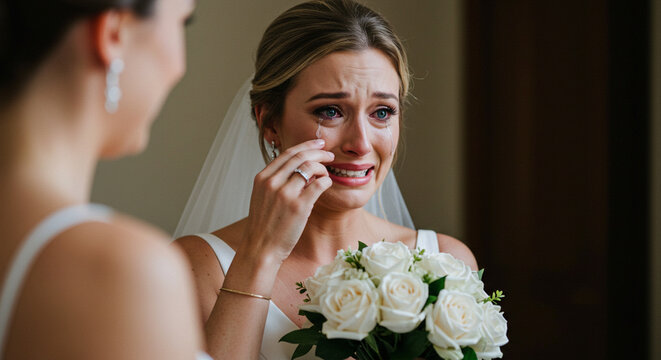 An emotional bride sheds tears of joy and sorrow on her wedding day, holding a beautiful white rose bouquet.