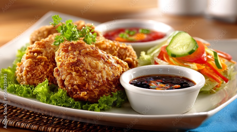 Poster A serene view of crispy fried chicken paired with a refreshing salad, creating a balance between indulgence and health in a beautifully arranged meal.