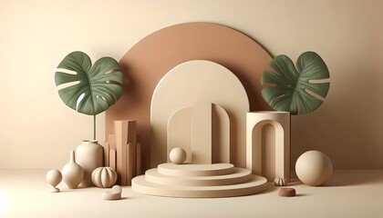 Minimalist Geometric Podium with Abstract Decor and Monstera Leaves