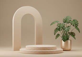 Minimalist Geometric Podium with Abstract Decor and Monstera Leaves