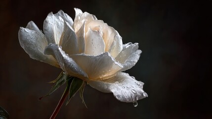 A single white rose with water droplets, beautifully lit against a dark background, highlighting the purity and elegance of the flower.