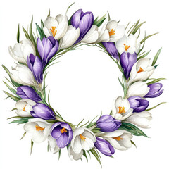 White and purple crocus flowers arranged circular wreath with