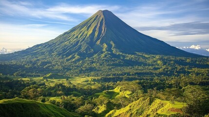 Fototapeta premium Majestic mountain landscape with lush green forests and blue sky panorama